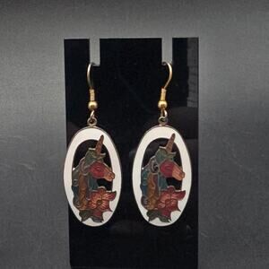 Cloisonne Enamel Unicorn Earrings Floral Vintage 1980s Whimsical Fantasy